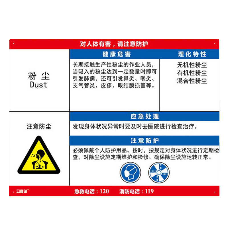 安赛瑞 14593 塑料板 职业病危害告知卡 60*45cm （单位：张） 粉尘 