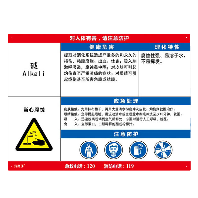 安赛瑞 14594 塑料板 职业病危害告知卡 60*45cm （单位：张） 碱 