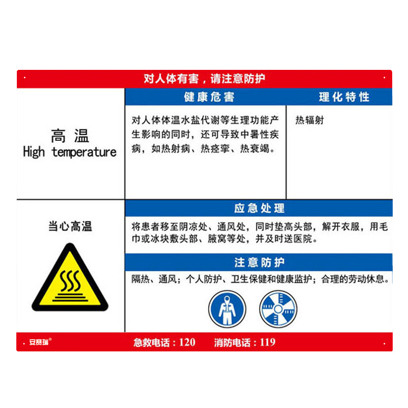 安赛瑞 14599 塑料板 职业病危害告知卡 60*45cm （单位：张） 高温 