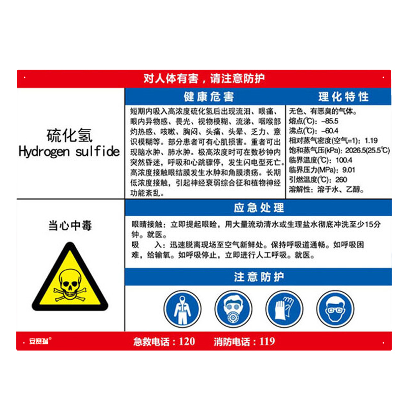 安赛瑞 14603 塑料板 职业病危害告知卡 60*45cm （单位：张） 硫化氢 