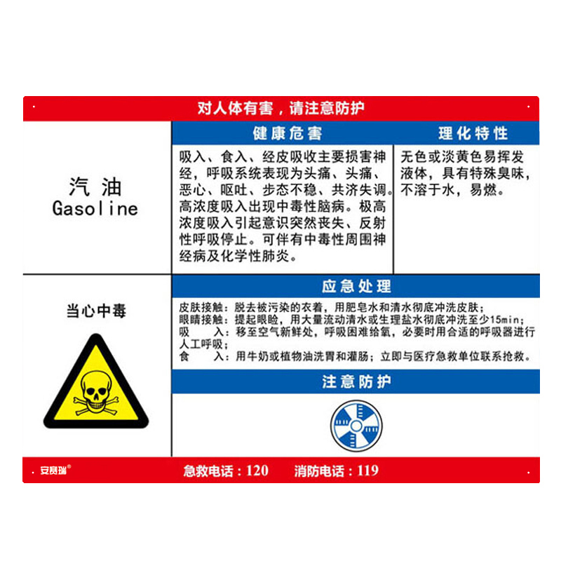 安赛瑞 14604 塑料板 职业病危害告知卡 60*45cm （单位：张） 汽油 