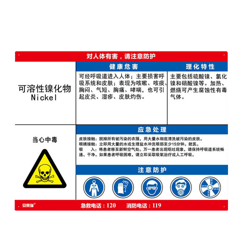 安赛瑞 14624 塑料板 职业病危害告知卡 60*45cm （单位：张） 可溶性镍化物 