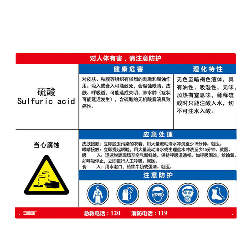 安赛瑞 14625 塑料板 职业病危害告知卡 60*45cm （单位：张） 硫酸 