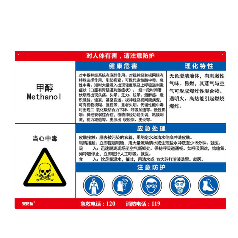 安赛瑞 14626 塑料板 职业病危害告知卡 60*45cm （单位：张） 甲醇 