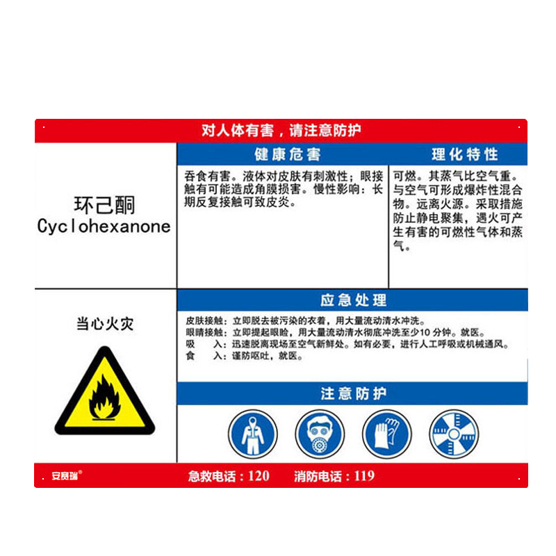 安赛瑞 14629 塑料板 职业病危害告知卡 60*45cm （单位：张） 环己酮 