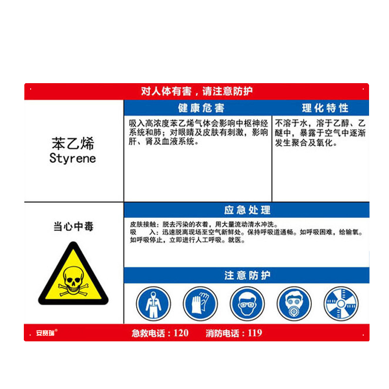 安赛瑞 14631 塑料板 职业病危害告知卡 60*45cm （单位：张） 苯乙烯 