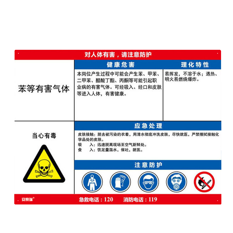 安赛瑞 14632 塑料板 职业病危害告知卡 60*45cm （单位：张） 苯等有毒气体 