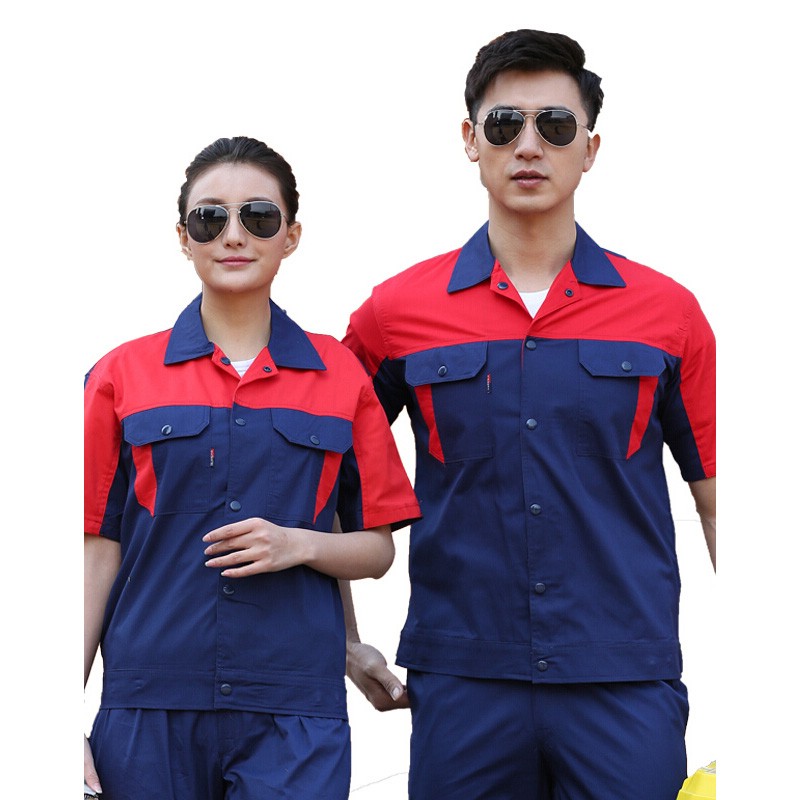 艾宏 AH 190 纯棉工作服短袖 4XL码 （单位：件）  藏蓝红肩