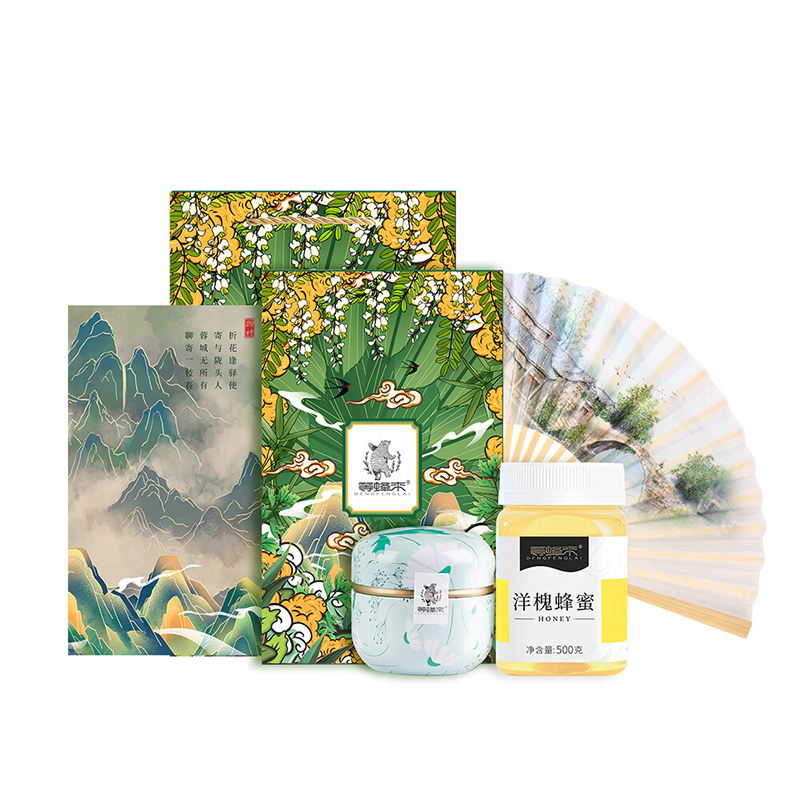 等蜂来 百花呈瑞 蜂蜜礼盒 500g洋槐蜂蜜+桂圆红枣茶+扇子 （单位：盒）  