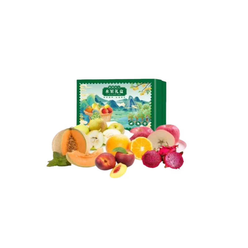 憨果鲜生 缤纷优果 水果礼盒 6种水果 约8斤 （单位：盒） 洛川苹果4个+花蜜甜橙2个+库尔勒香梨6个+脆蜜油桃4个+越南火龙果2个+海南黄金蜜瓜1个 