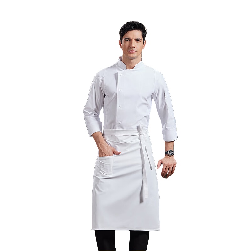伴心语 DSZ-纯色五扣 厨师工作服长袖 白色上衣+围裙 （单位：套） 白色