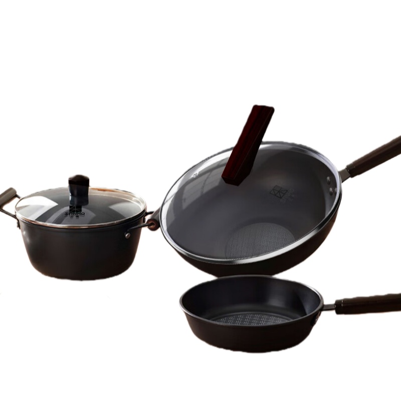 三禾 T322 火焰纹老铁锅三件套 32cm炒锅+22cm煎锅+22cm汤锅 （单位：套）