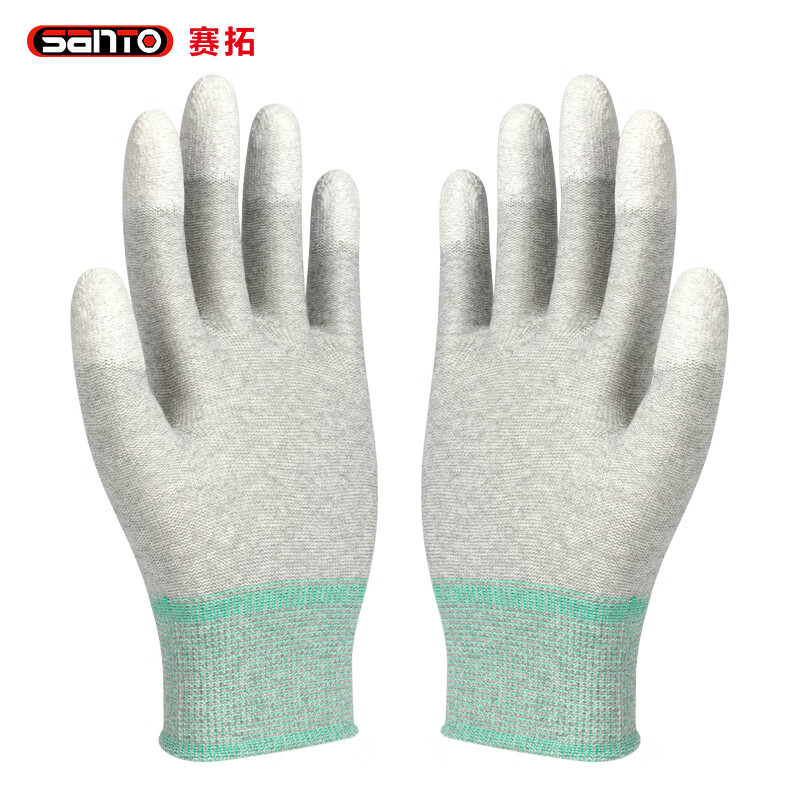 赛拓（SANTO） 2003 防静电PU涂指手套 均码 10副/包 （单位：包） 灰色+绿色